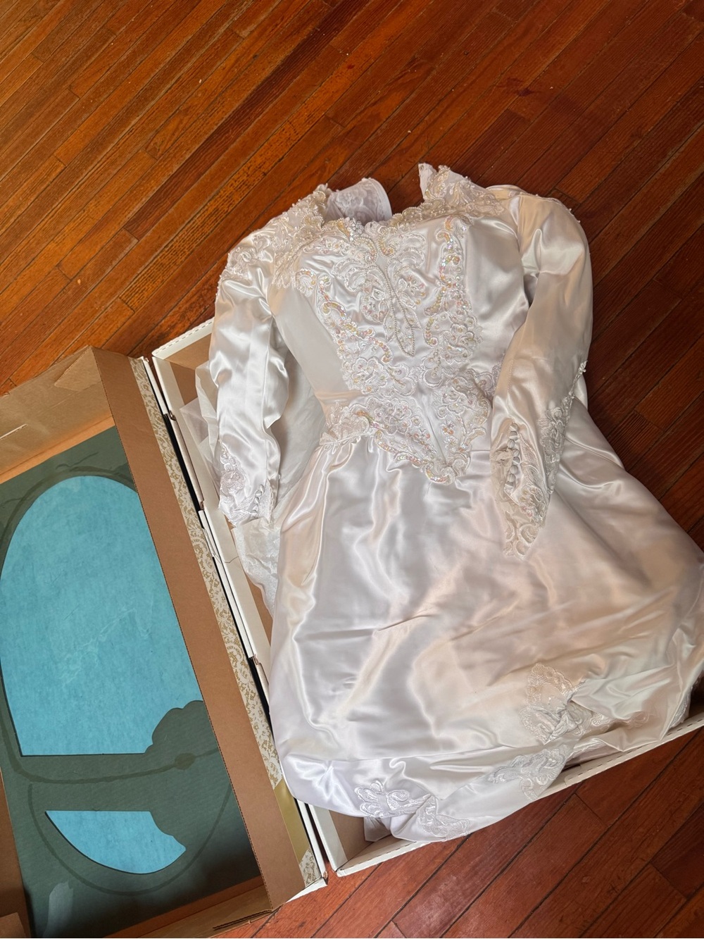 Classic White Satin feel Wedding Dress with Lace Appliqué